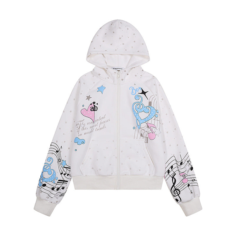 Women's Hooded Sweat Jacket with Front Zipper, Musical Print and Star Design Amarae