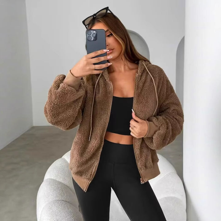 Teddy-fleece jacket for women with hood and elastic cuffs Lune London
