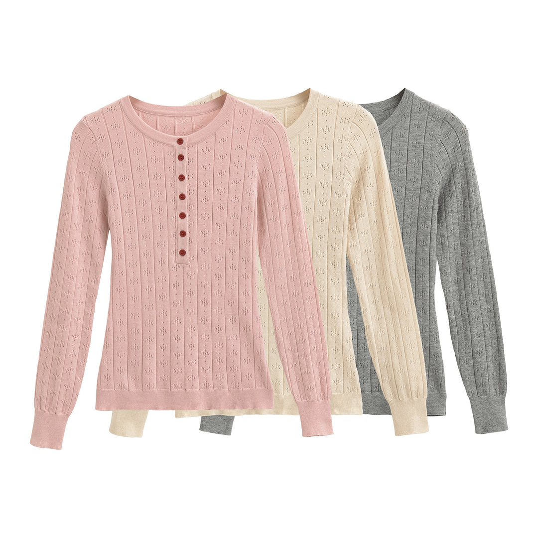 Women's fine knit long sleeve with button placket and textured knit Amarae