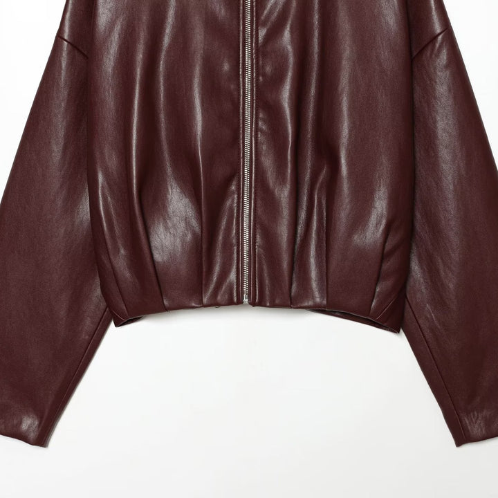 Women's Cropped Boxy Bomber Jacket in shiny leather look with high funnel collar Amarae