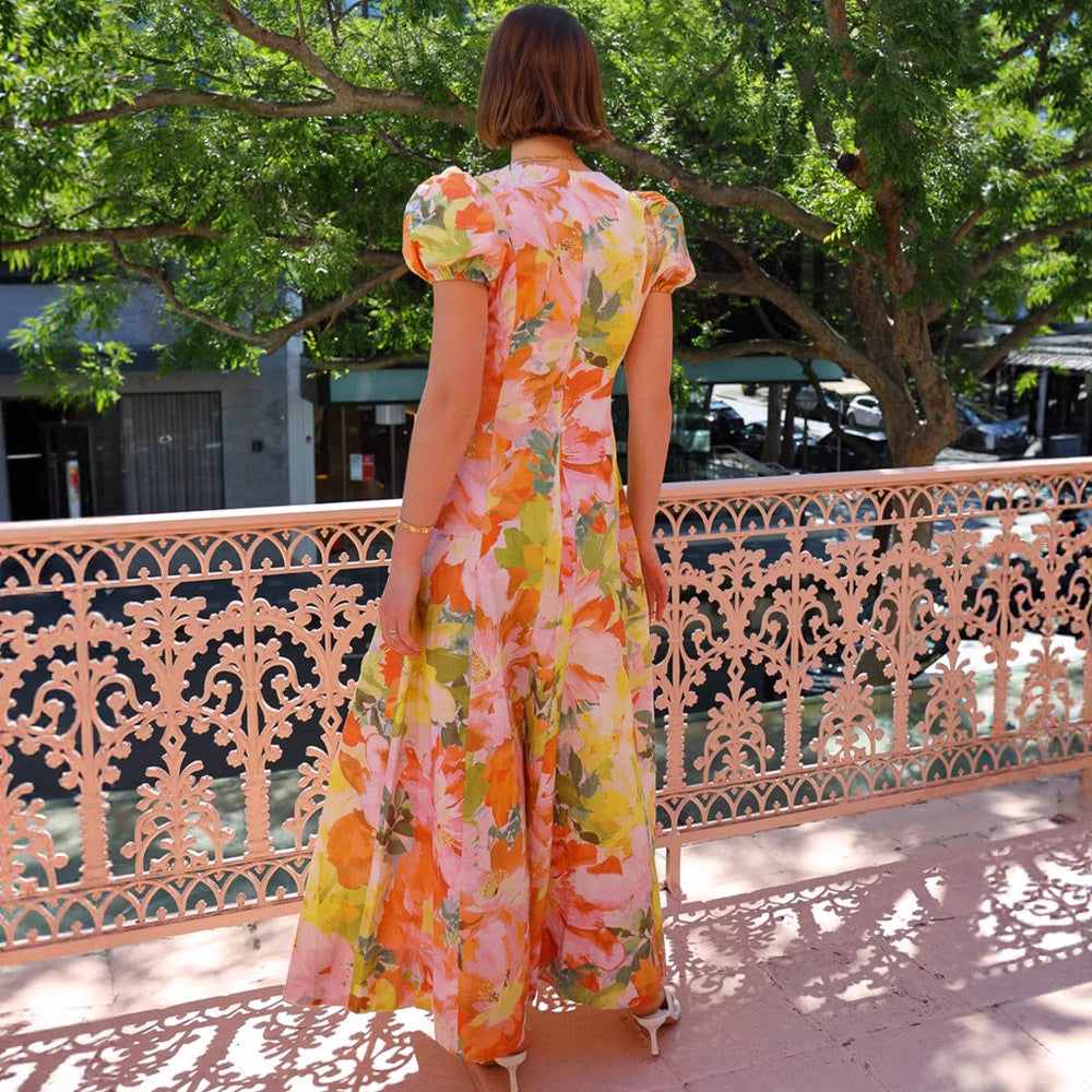 Women's maxi dress with deep V-neck and voluminous sleeves Lune London