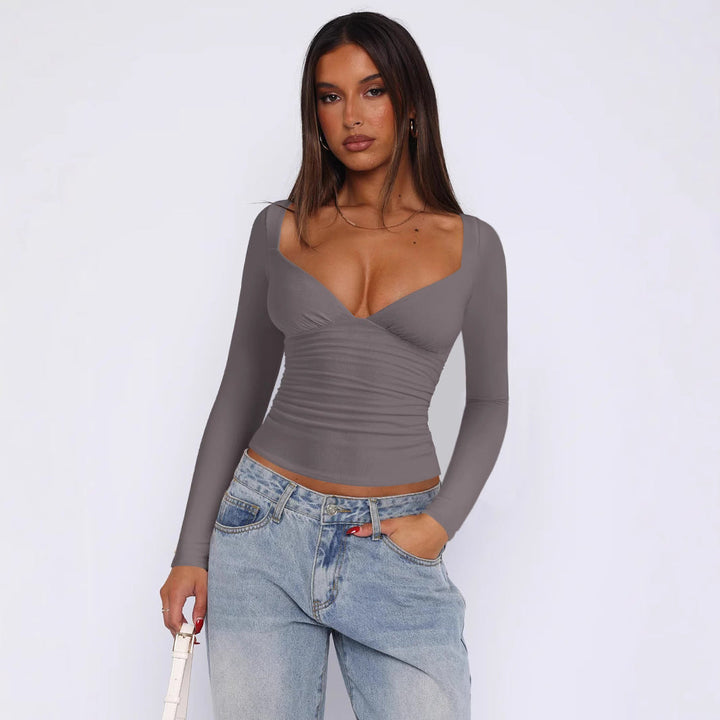 Women Fitted Long-Sleeve Top with V-Neckline and Gathers Lune London