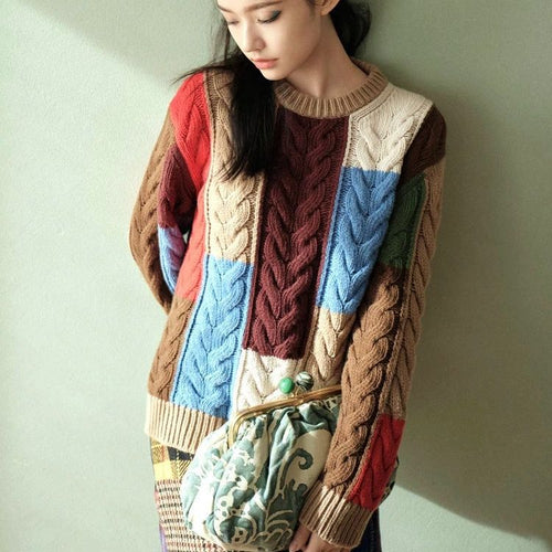 Pull en tricot épais pour femmes avec un motif patchwork accrocheur Chic & Stil