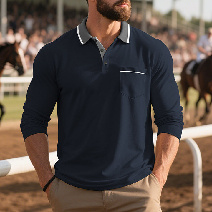 Men's long-sleeved polo shirt with elegant button placket and practical chest pocket Lune London