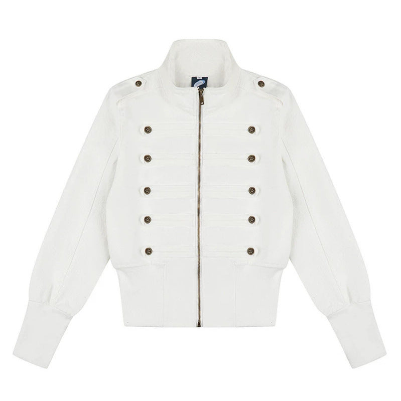 Women's military-inspired bomber jacket with stand-up collar and decorative button plackets Amarae