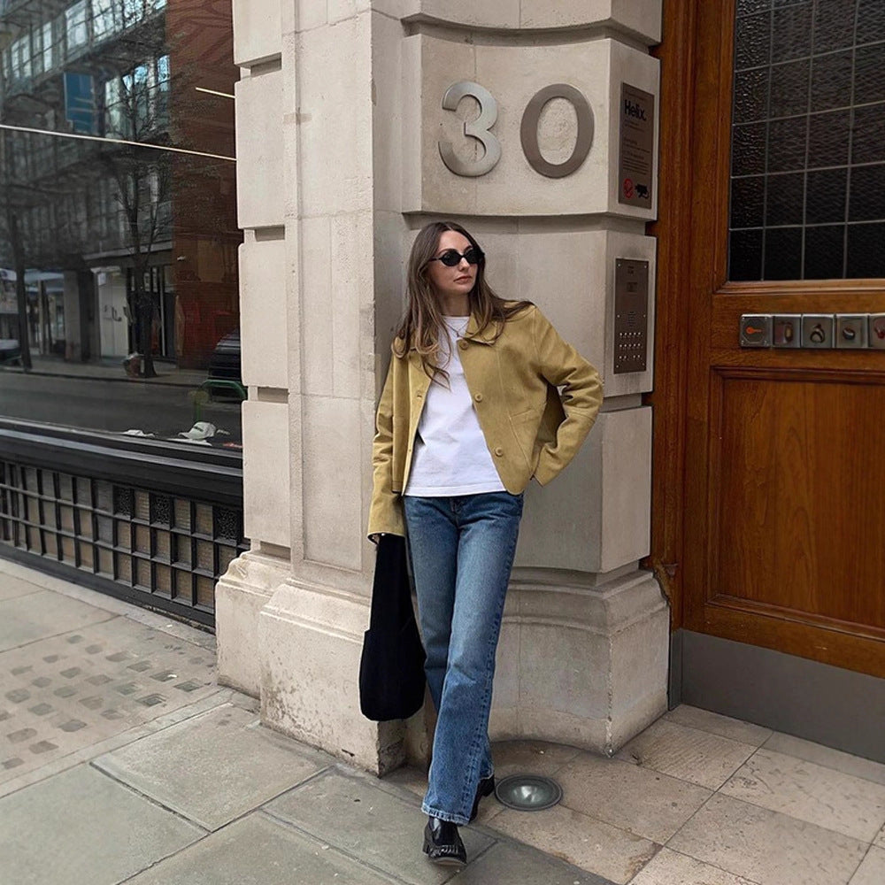 Women's Short Suede Jacket with Rounded Collar and Boxy Cropped Cut Amarae