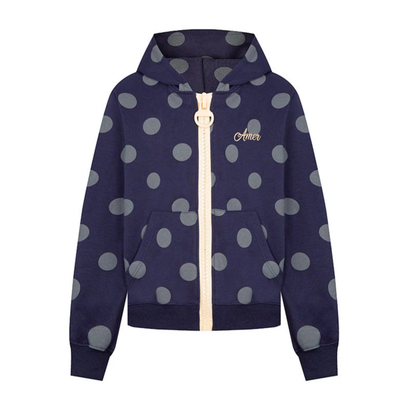 Women's cropped hooded zip jacket with large polka dot pattern and decorative zipper Amarae