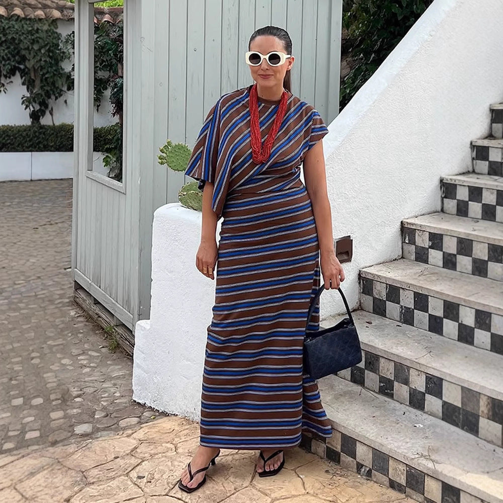 Women's Striped Maxi Dress with Asymmetrical Cape Sleeves & Tailored Silhouette Amarae