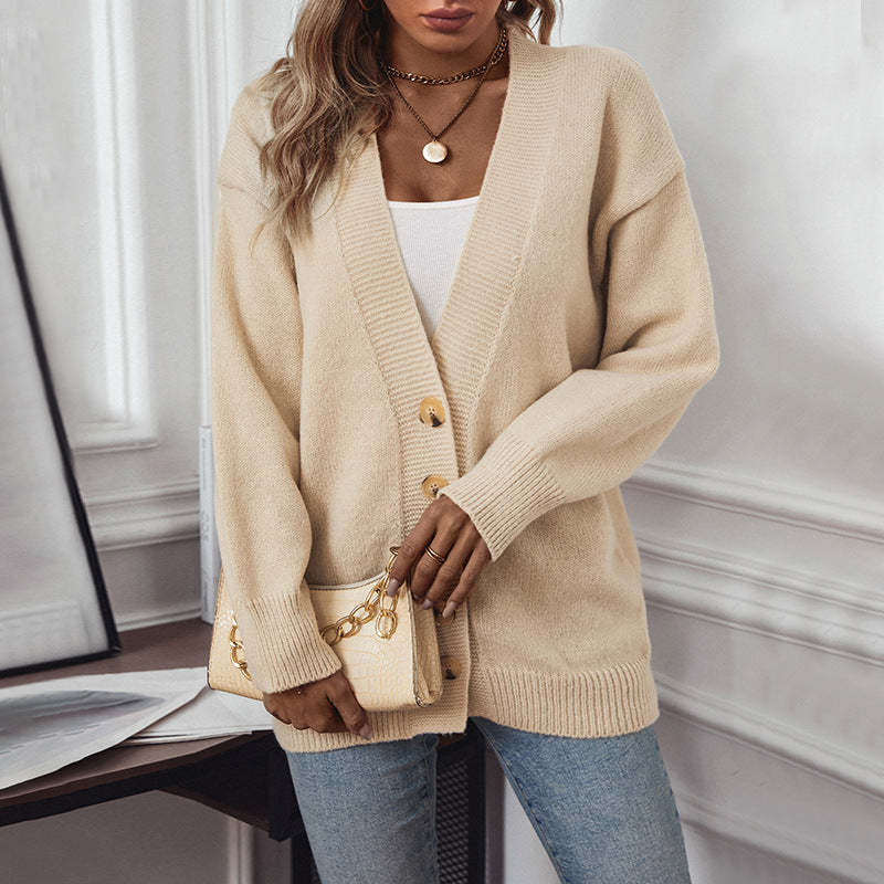 Ladies comfortable cardigan with button details and deep V-neck Lune London
