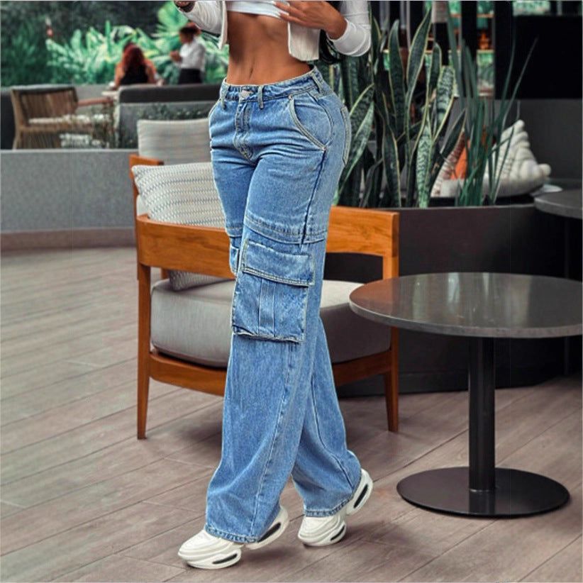 Women's casual cargo denim baggy trousers with extra-large flap pockets and straight leg Amarae