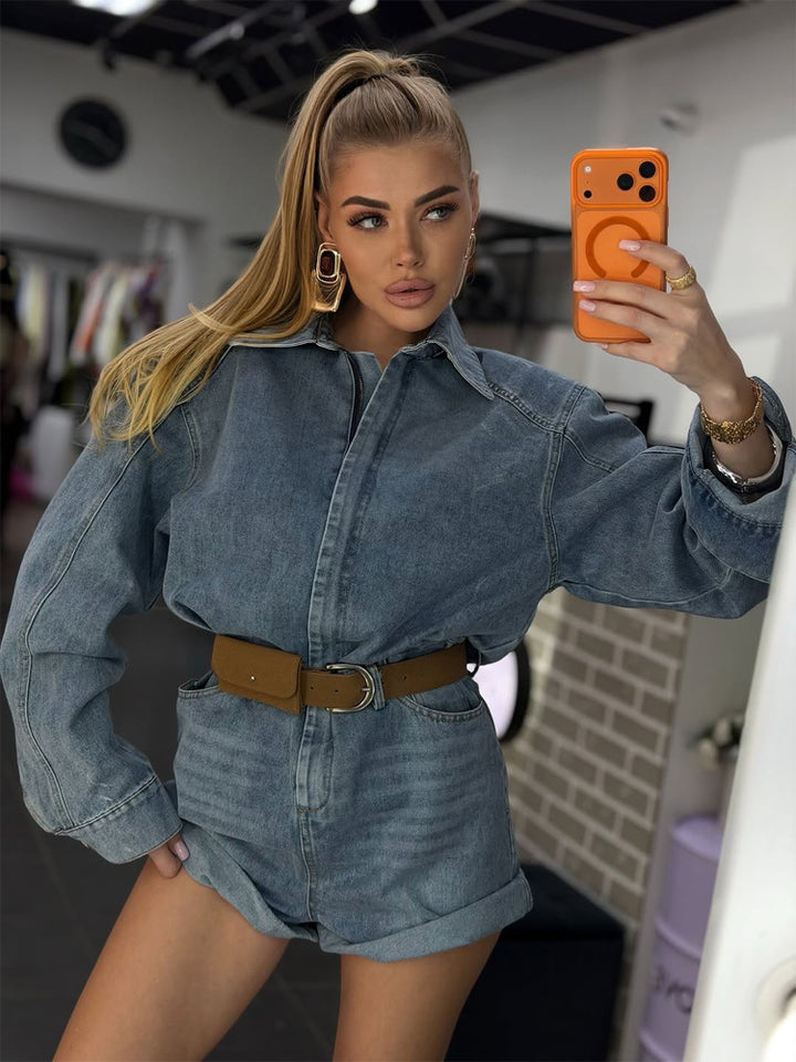 Women's Denim Shorts Overall with Boxy Shirt Top and Waist Belt Amarae