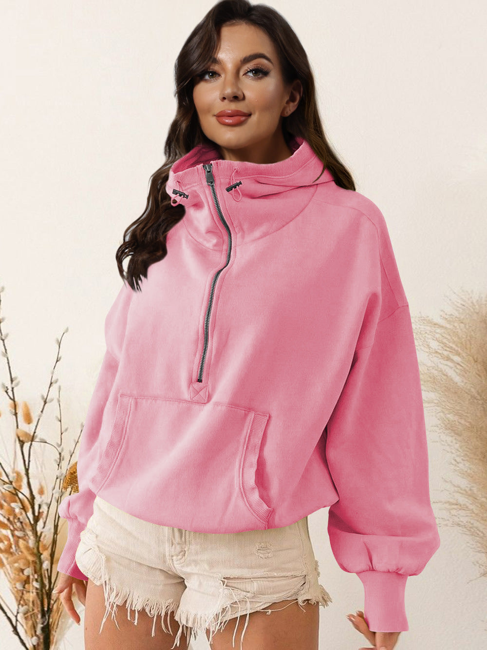 Ladies Urban Hoodie with half-zip and practical kangaroo pocket Lune London