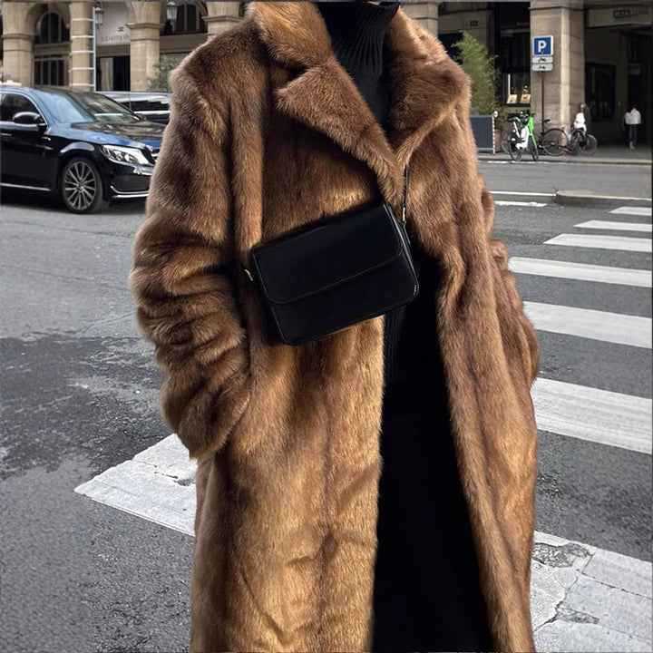 Ladies Long Faux Fur Coat with Wide Lapels and Chic Casual Cut