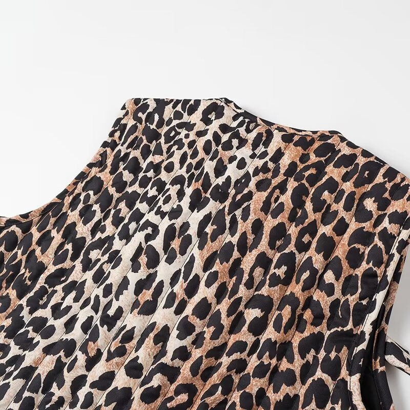 Women's Sleeveless Satin Blouse Top with Leopard Print and Double Bow Front Amarae
