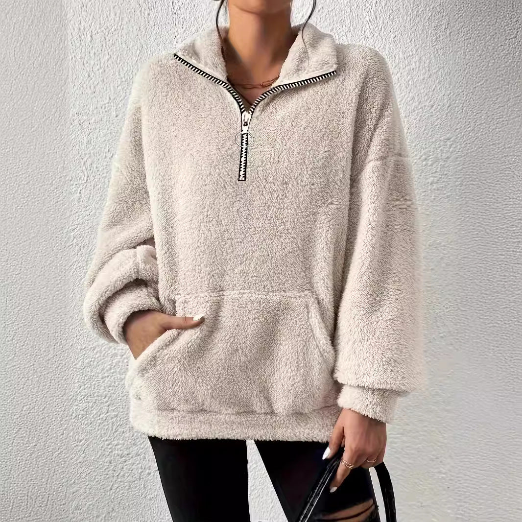 Women's Cozy Fleece Pullover with Half Zipper and Side Pockets Lune London