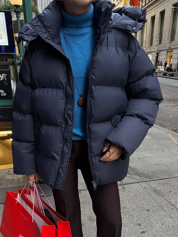 Women's Oversized Quilted Puffer Jacket with Removable Hood and Two-Way Zipper Amarae