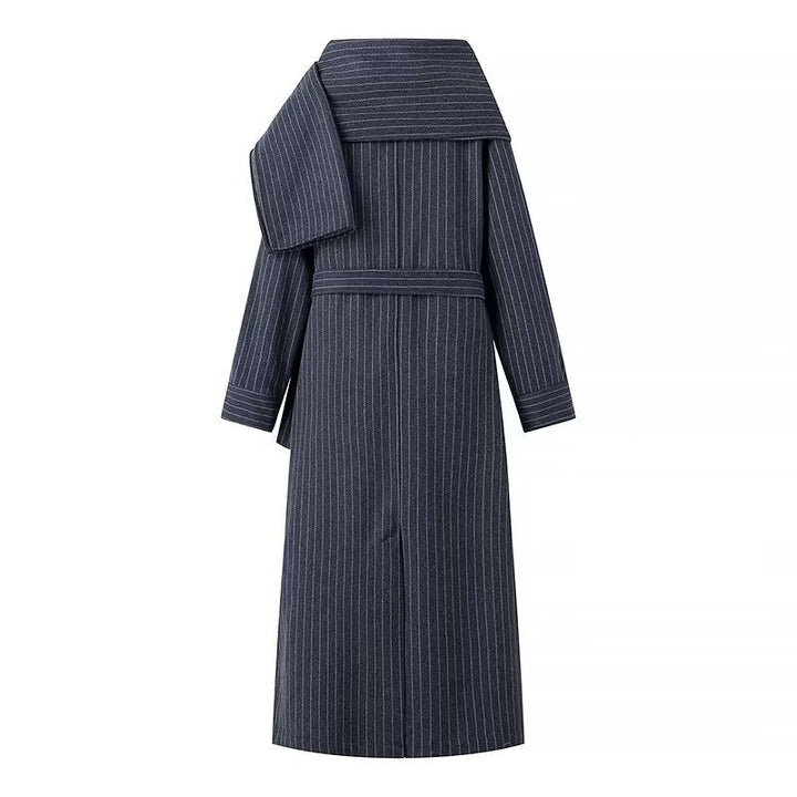 Women's Long Cut Pinstripe Coat in Trench Coat Look with Tie Belt Amarae