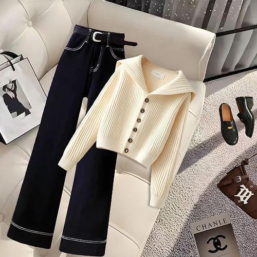 Pull en maille à la mode pour femmes avec grands revers et détails de boutons Chic & Stil