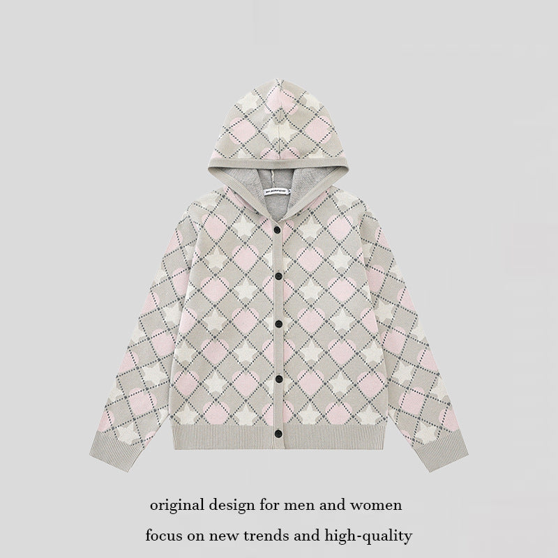 Ladies Knit Hooded Jacket with Diamond Jacquard and Button Placket Amarae
