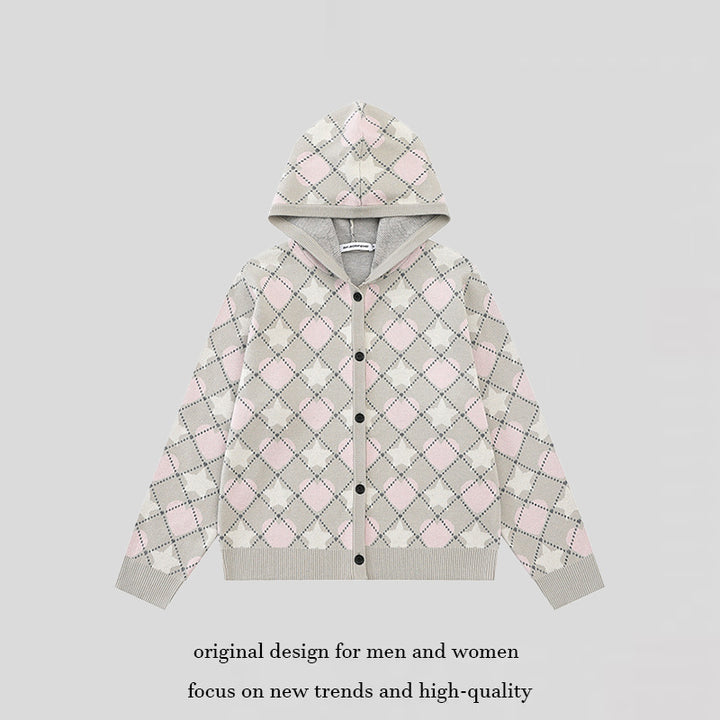 Ladies Knit Hooded Jacket with Diamond Jacquard and Button Placket Amarae