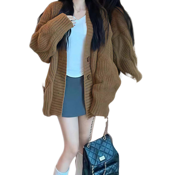 Ladies oversized knit cardigan with oversized sleeves and large button details Lune London