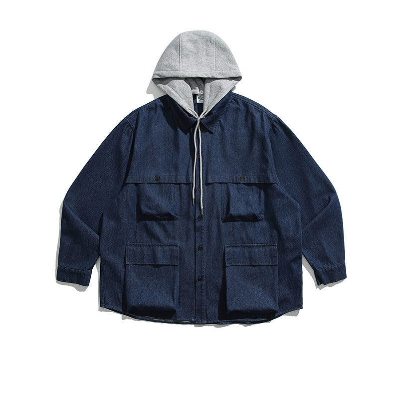 Unisex Boxy Jeans Overshirt Jacket with Attached Hood and Multifunction Pockets Amarae