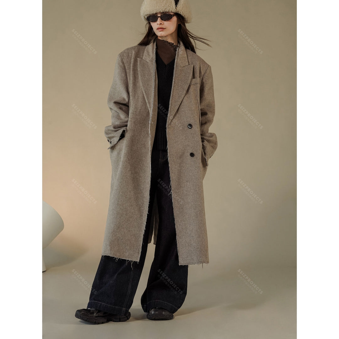 Women Boxy Long Coat made of Wool Blend with Frayed Edges and Double-Breasted Amarae