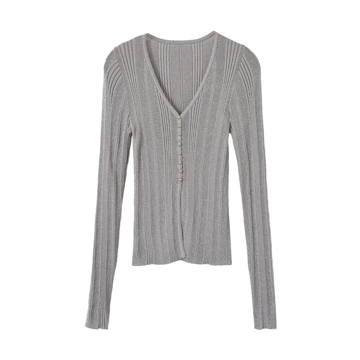 Women's figure-hugging ribbed fine knit cardigan with V-neck, shiny thread and decorative button strip Amarae