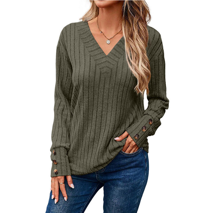 Women's Ribbed V-Neck Knit Sweater with Button Cuffs Amarae