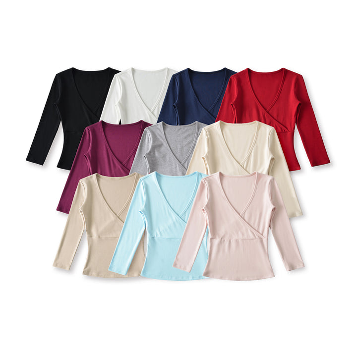 Women's figure-hugging wrap top made of stretch jersey with deep V-neck and tailored silhouette.