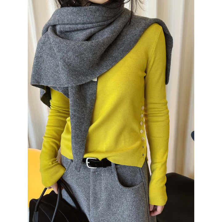 Women’s Figure-hugging Fine Knit Sweater with Round Neck and Decorative Side Button Placket Amarae