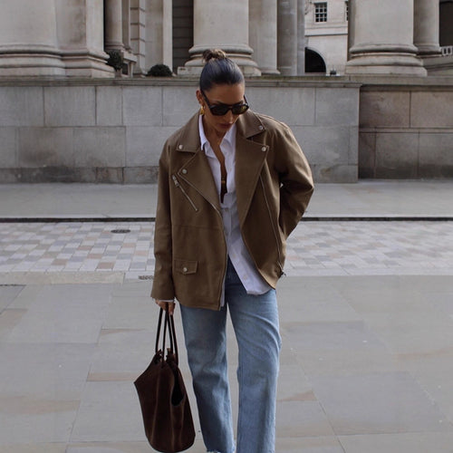 Women Oversize Biker Jacket made of suede imitation with asymmetric zipper Amarae