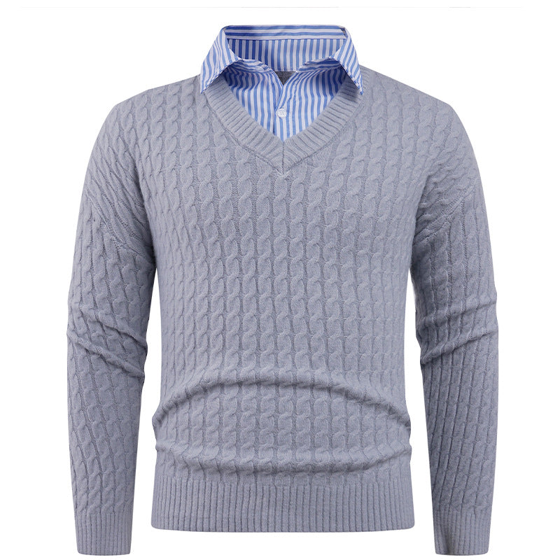 Men's knitted sweater with cable knit pattern and V-neck Lune London