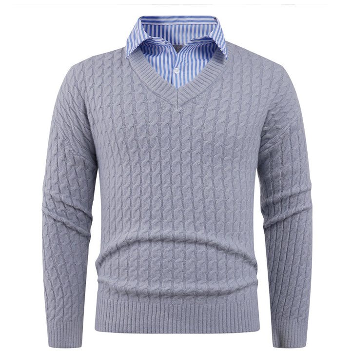 Men's knitted sweater with cable knit pattern and V-neck Lune London
