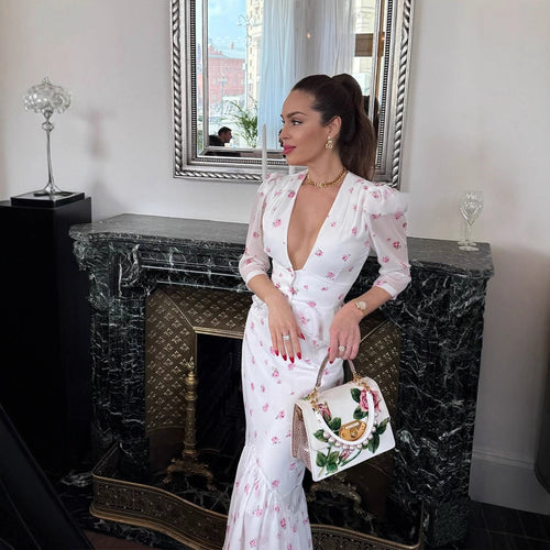Women's Floral Satin Midi Dress with Deep V-Neck, Puff Sleeves, and Tailored Gathering Amarae
