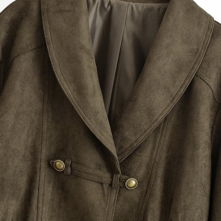 Women's Cropped Suede-Look Jacket with Shawl Collar, Waist Gather and Decorative Toggle Buttons Amarae
