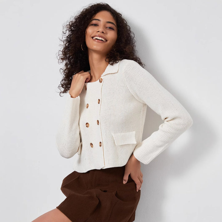 Women's knitted jacket with double-breasted button placket and decorative pockets Lune London