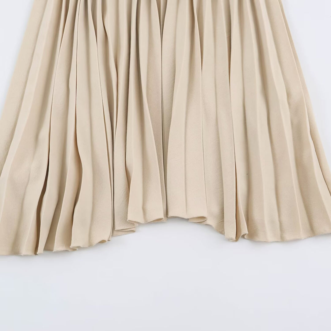 Women's Pleated Midi Dress with Wrap V-Neck and Waist Belt Amarae
