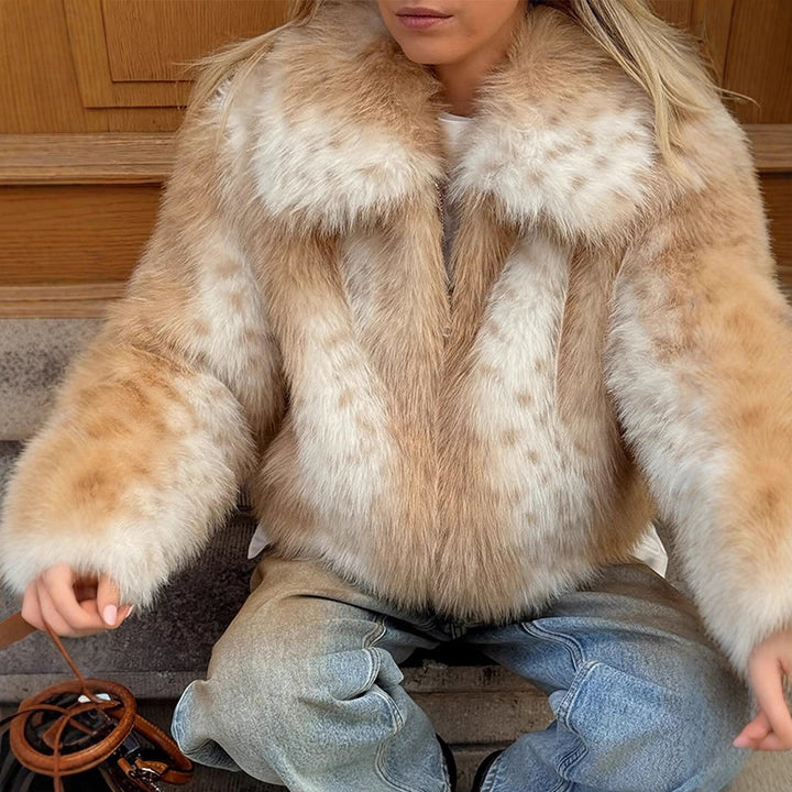 Women's Boxy Faux Fur Jacket with Two-Tone Shag Look and Notched Collar Amarae