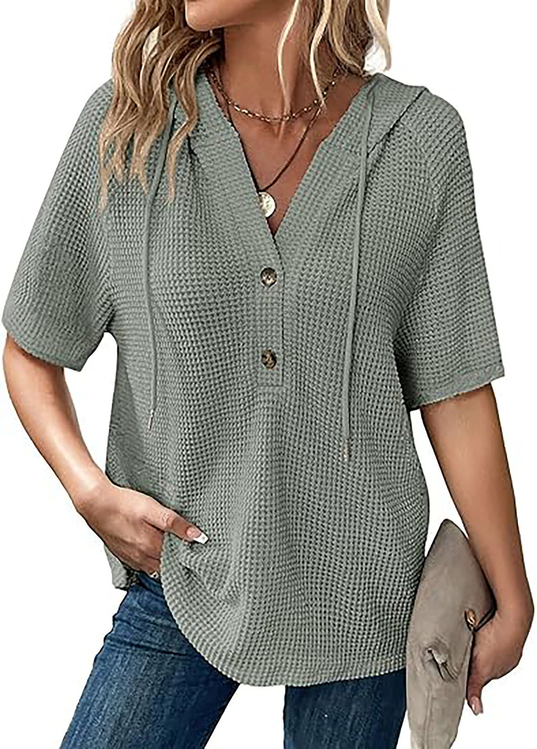 Short-sleeve blouse with embossed structure for ladies with hood and button placket Lune London