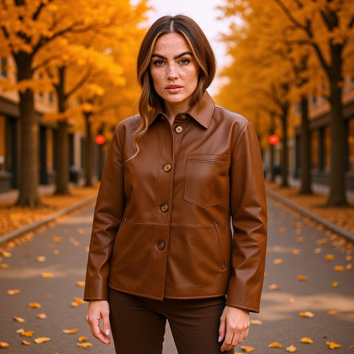 Women's short jacket made of faux leather in shirt jacket style with applied breast pocket Amarae