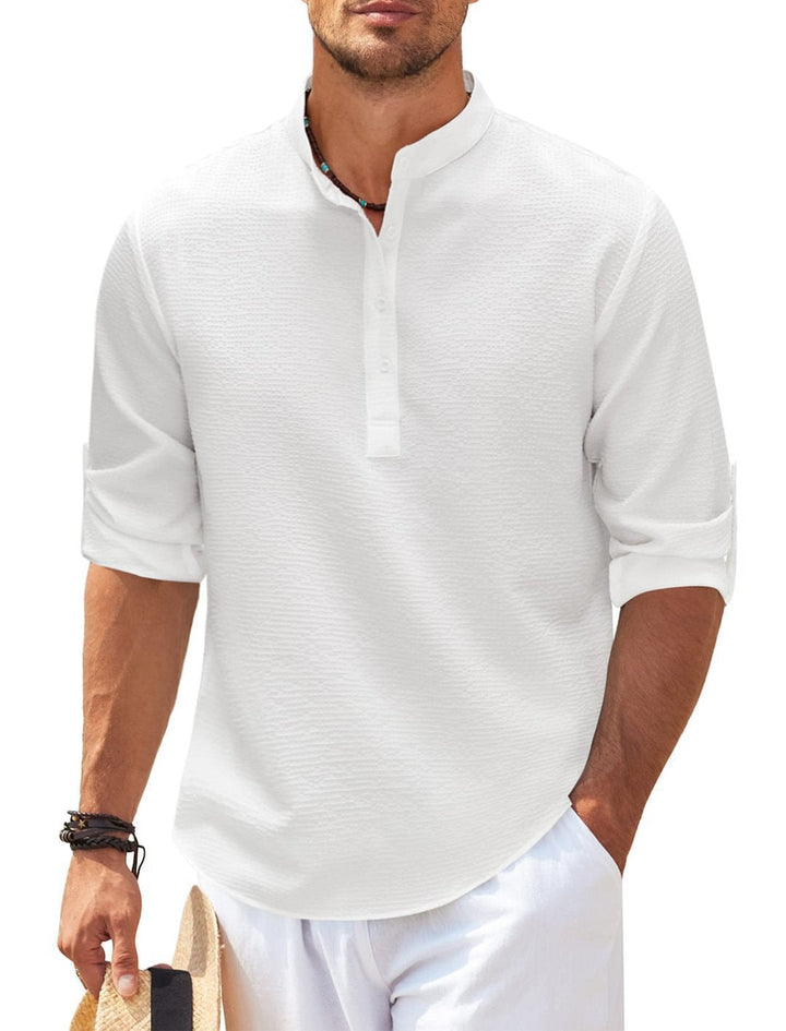 Men's Casual Long Sleeve Shirt with Stand-Up Collar and Ribbed Texture Lune London