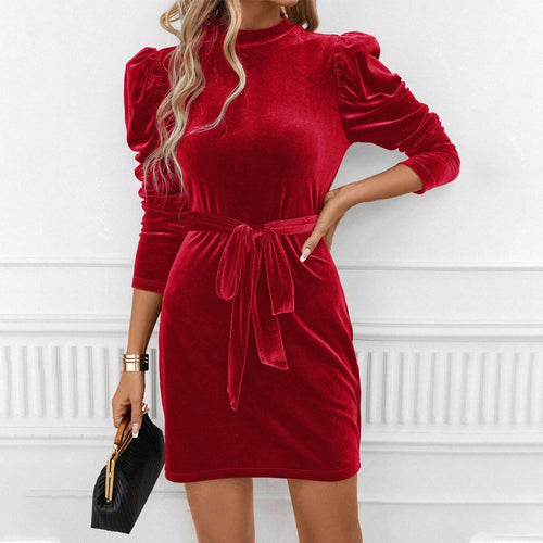 Elegant mini velvet dress for women with bow belt and sophisticated puff sleeves Chic & Stil