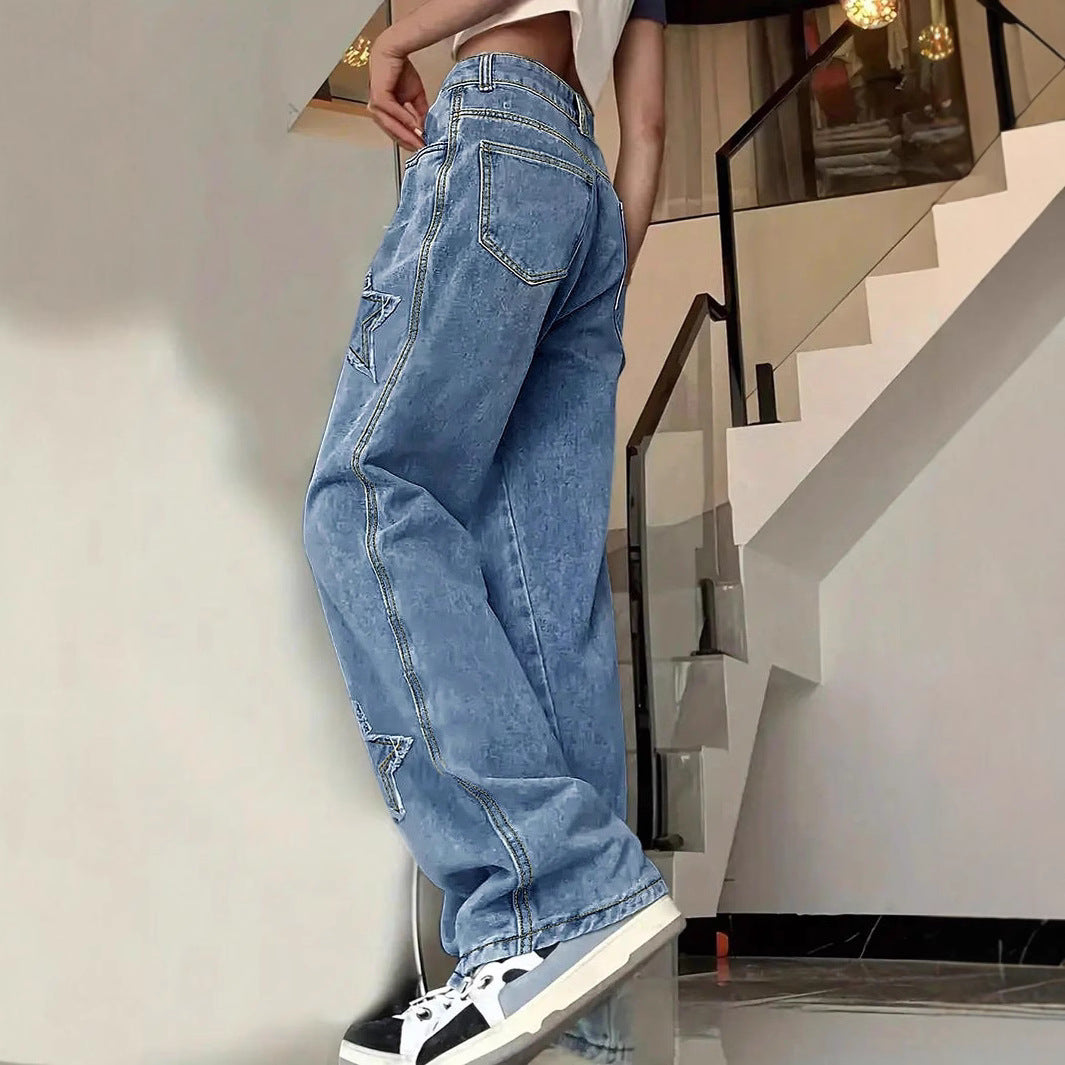 Women's extra-wide baggy jeans made of lightweight denim with star appliqués and extended silhouette Amarae