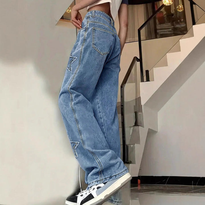Women's extra-wide baggy jeans made of lightweight denim with star appliqués and extended silhouette Amarae