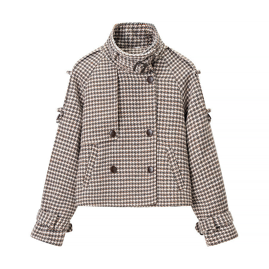 Women's Oversize Houndstooth Coat with Cape Detail, High Stand Collar and Adjustable Cuffs Amarae