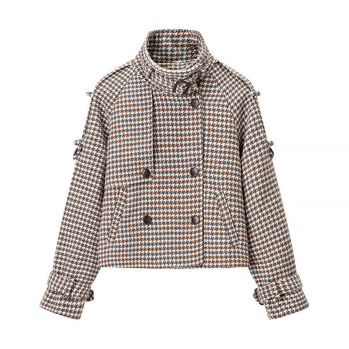 Women's Oversize Houndstooth Coat with Cape Detail, High Stand Collar and Adjustable Cuffs Amarae