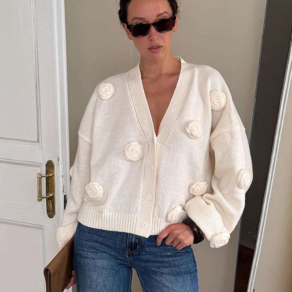 Women's Oversized Knit Cardigan with Three-Dimensional Rose Appliqués and V-Neck Amarae