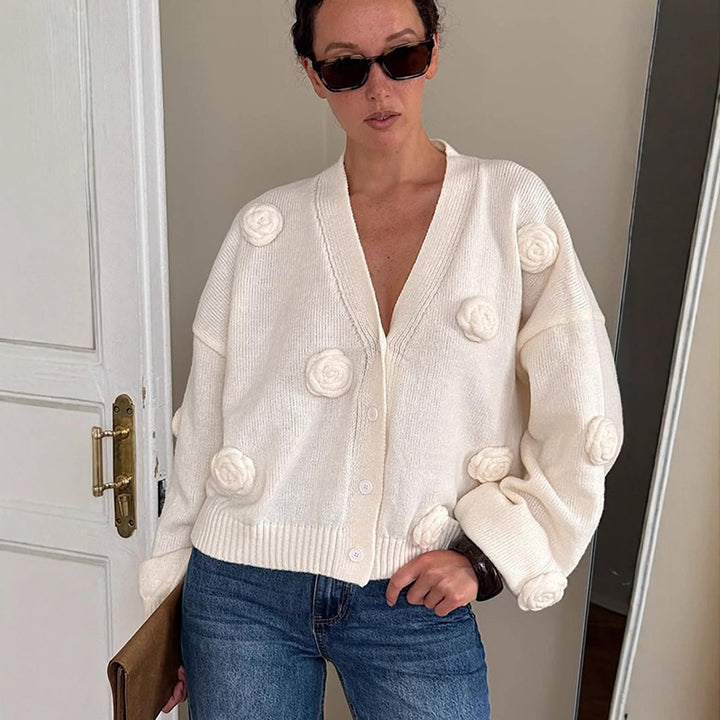 Women's Oversized Knit Cardigan with Three-Dimensional Rose Appliqués and V-Neck Amarae