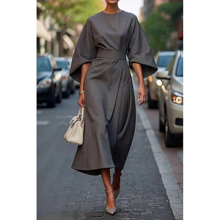 Ladies Elegant Midi Dress with Wide Kimono Sleeves and Fitted Wrap Waist Amarae